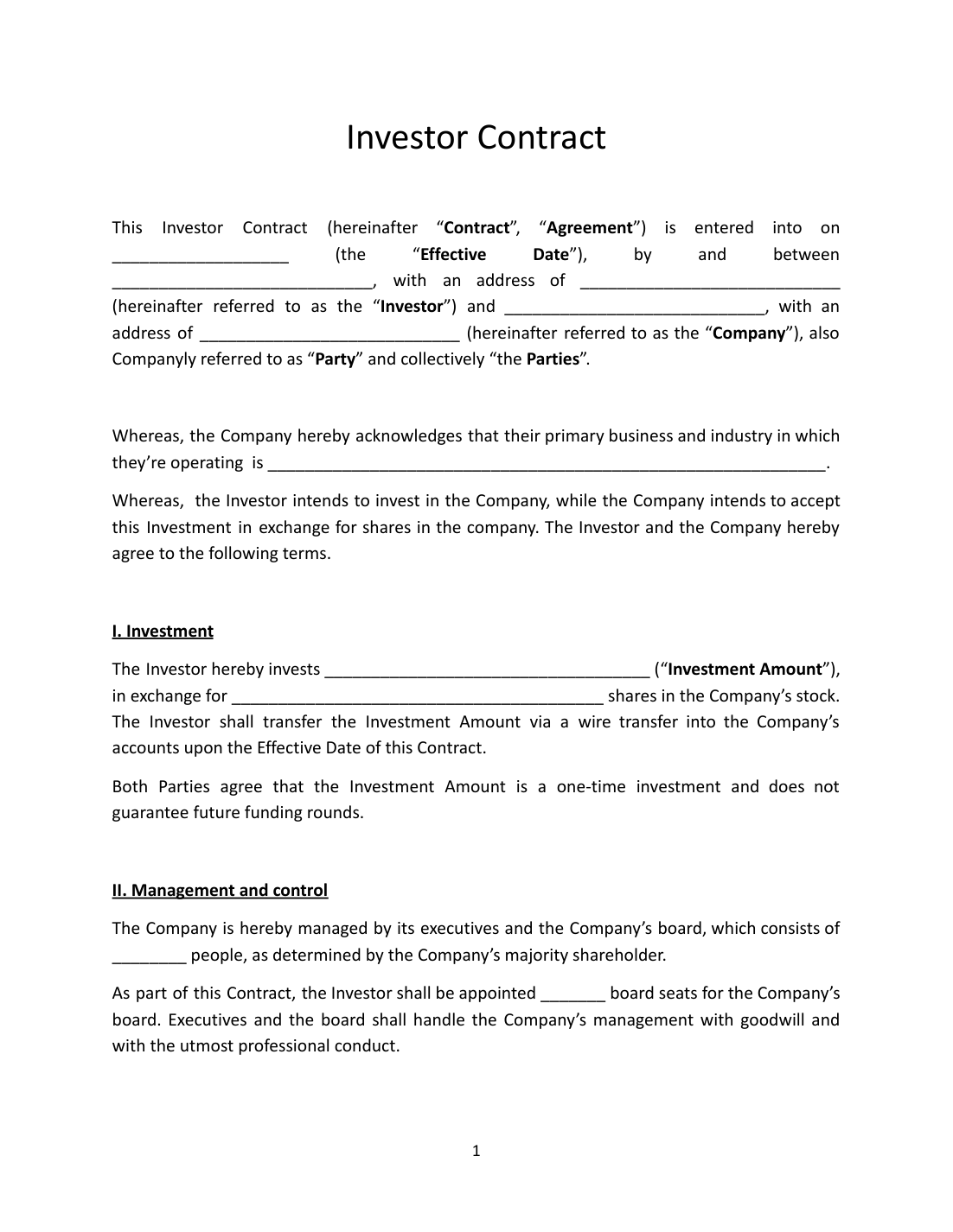 Investor Contract Template preview