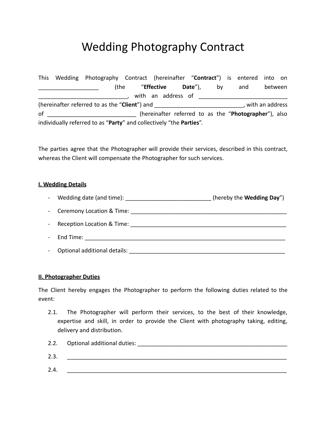 Wedding Photography Contract Template preview