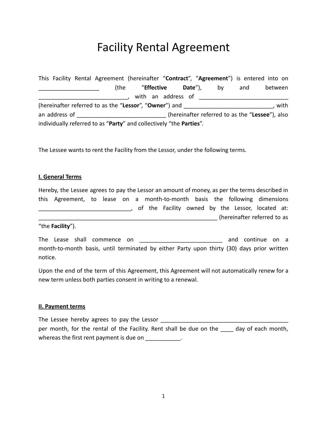 Facility Rental Agreement Template preview