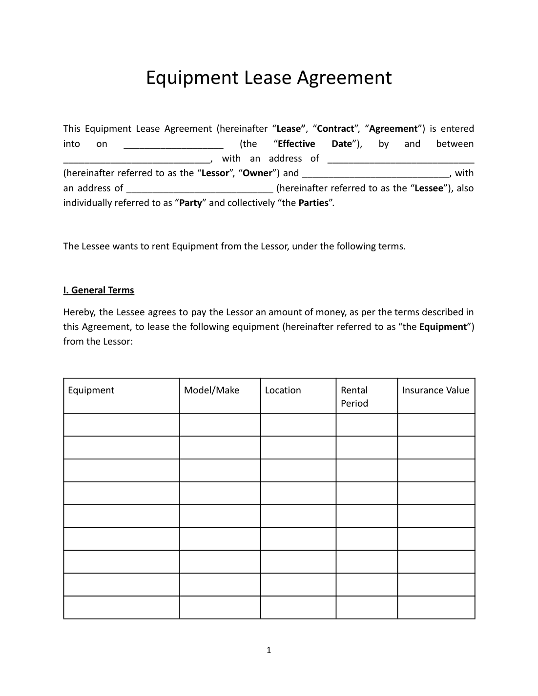 Equipment Lease Agreement Template preview