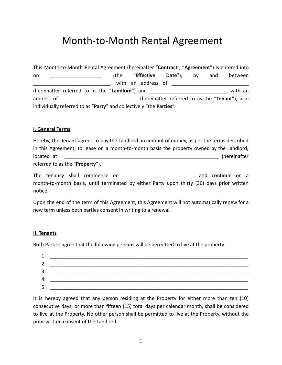 Month-to-Month Rental Agreement Template preview