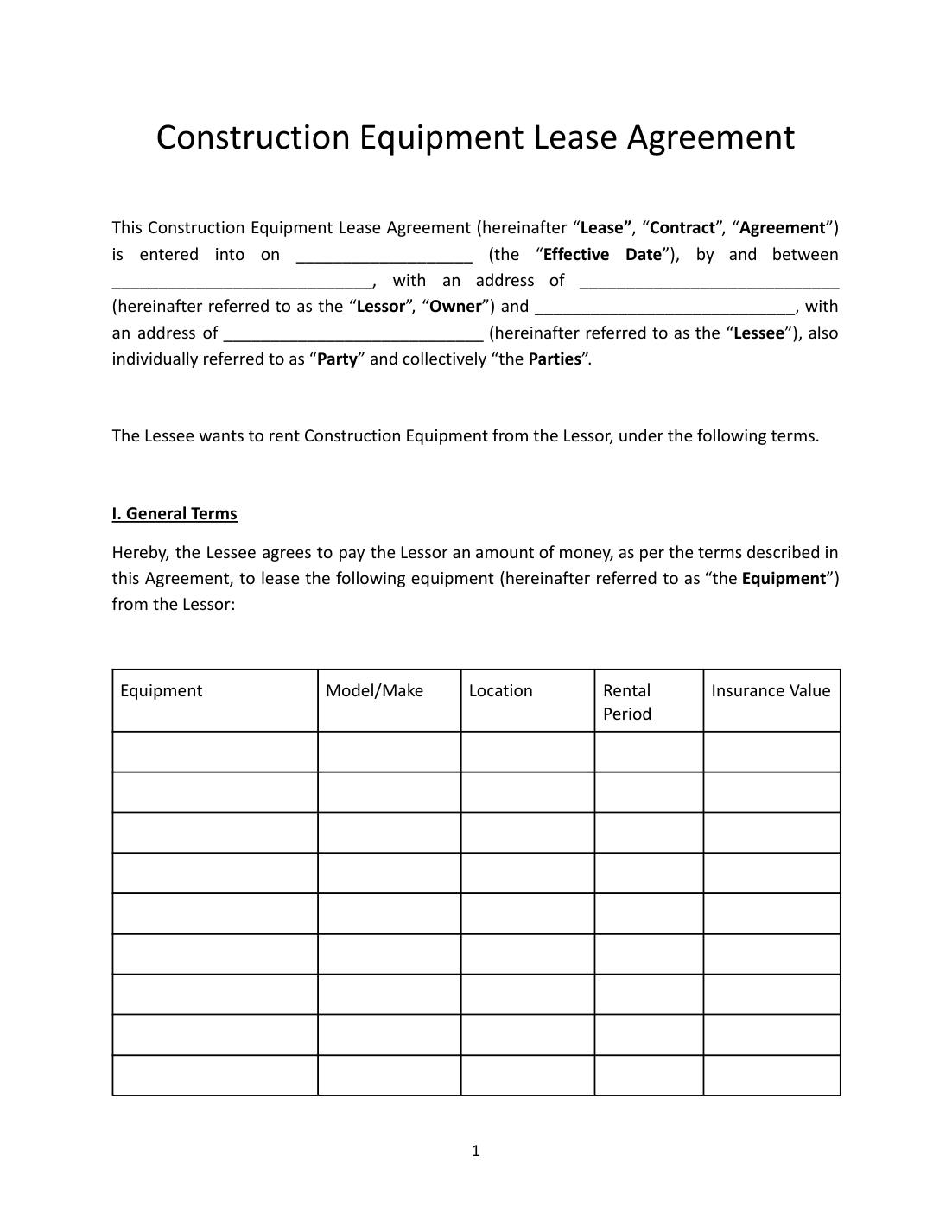 Construction Equipment Lease Agreement Template preview