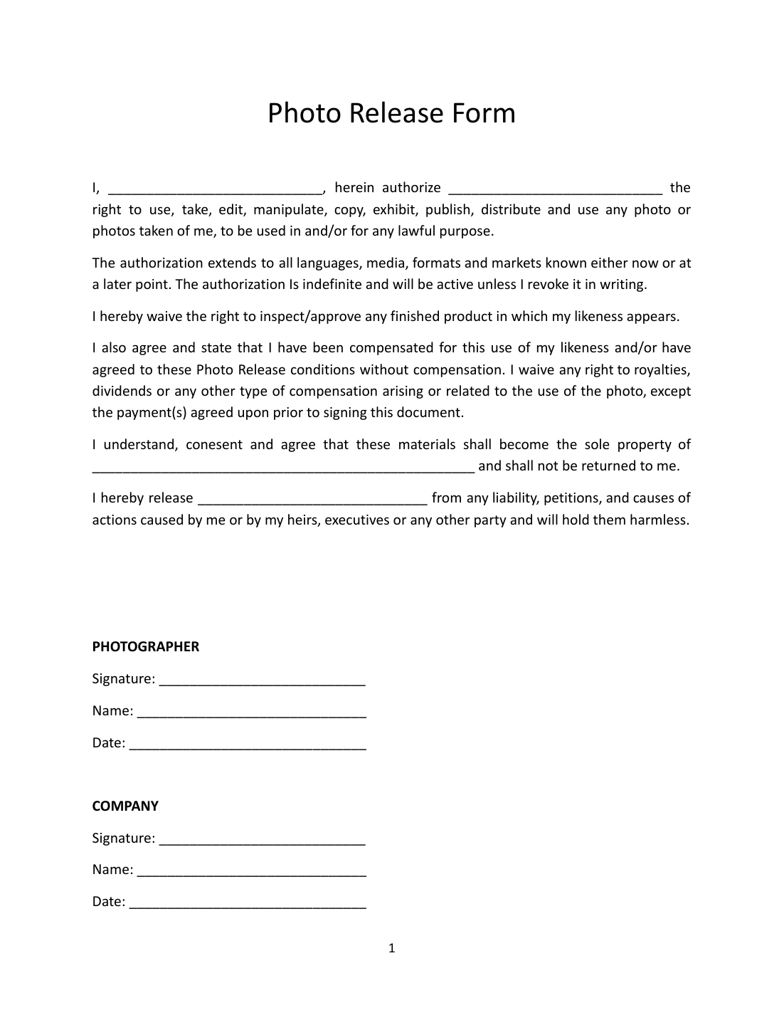 Photo Release Form Template preview