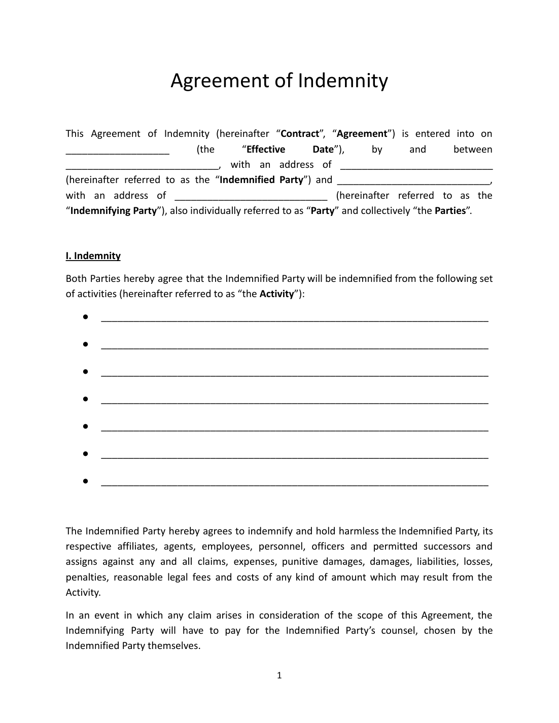 Indemnity Agreement Template preview